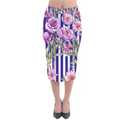 Classy And Chic Watercolor Flowers Velvet Midi Pencil Skirt by GardenOfOphir