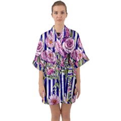 Classy And Chic Watercolor Flowers Half Sleeve Satin Kimono  by GardenOfOphir