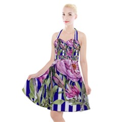 Classy And Chic Watercolor Flowers Halter Party Swing Dress  by GardenOfOphir