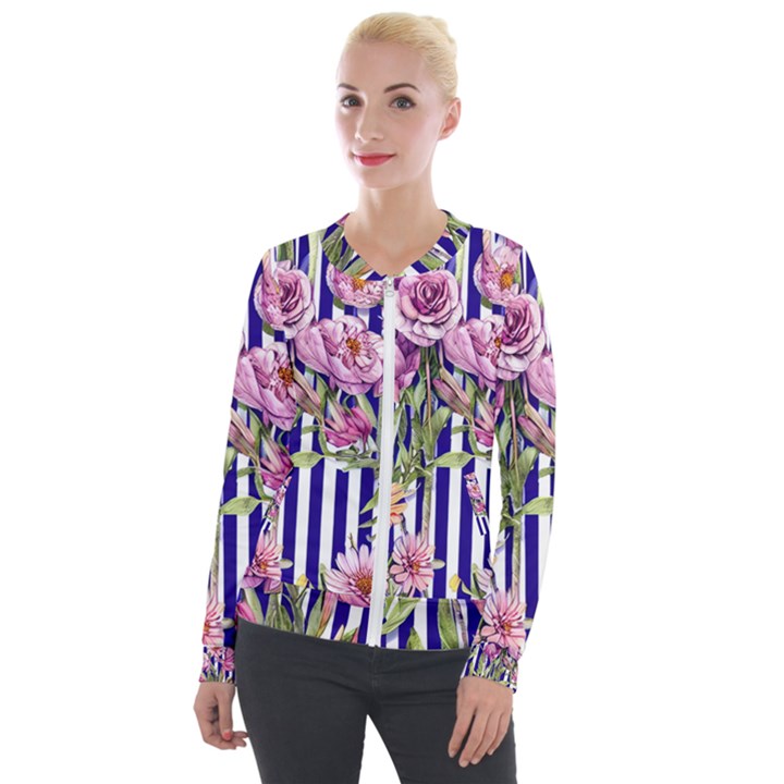 Classy and Chic Watercolor Flowers Velvet Zip Up Jacket