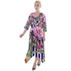 Classy And Chic Watercolor Flowers Quarter Sleeve Wrap Front Maxi Dress by GardenOfOphir