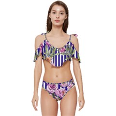 Classy And Chic Watercolor Flowers Ruffle Edge Tie Up Bikini Set	