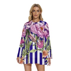 Classy And Chic Watercolor Flowers Round Neck Long Sleeve Bohemian Style Chiffon Mini Dress