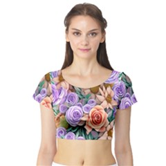 Cheerful And Captivating Watercolor Flowers Short Sleeve Crop Top by GardenOfOphir