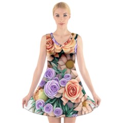 Cheerful And Captivating Watercolor Flowers V-neck Sleeveless Dress by GardenOfOphir