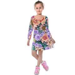 Cheerful And Captivating Watercolor Flowers Kids  Long Sleeve Velvet Dress by GardenOfOphir