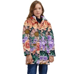 Cheerful And Captivating Watercolor Flowers Kid s Hooded Longline Puffer Jacket by GardenOfOphir