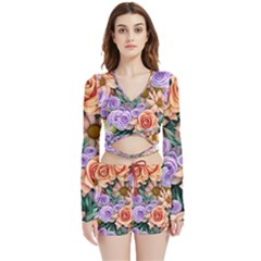 Cheerful And Captivating Watercolor Flowers Velvet Wrap Crop Top And Shorts Set