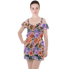 Cheerful And Captivating Watercolor Flowers Ruffle Cut Out Chiffon Playsuit by GardenOfOphir