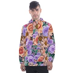 Cheerful And Captivating Watercolor Flowers Men s Front Pocket Pullover Windbreaker by GardenOfOphir