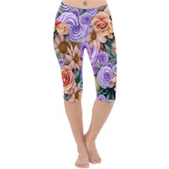 Cheerful And Captivating Watercolor Flowers Lightweight Velour Cropped Yoga Leggings by GardenOfOphir