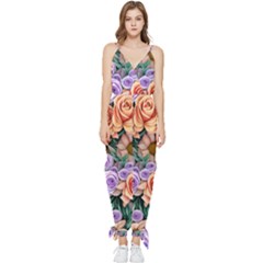 Cheerful And Captivating Watercolor Flowers Sleeveless Tie Ankle Chiffon Jumpsuit by GardenOfOphir