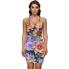 Cheerful And Captivating Watercolor Flowers Sleeveless Wide Square Neckline Ruched Bodycon Dress