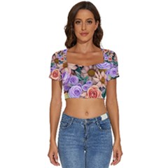 Cheerful And Captivating Watercolor Flowers Short Sleeve Square Neckline Crop Top  by GardenOfOphir