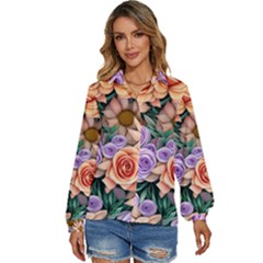 Cheerful And Captivating Watercolor Flowers Women s Long Sleeve Button Down Shirt