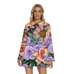 Cheerful And Captivating Watercolor Flowers Round Neck Long Sleeve Bohemian Style Chiffon Mini Dress by GardenOfOphir