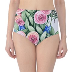 County Charm – Watercolor Flowers Botanical Classic High-waist Bikini Bottoms by GardenOfOphir