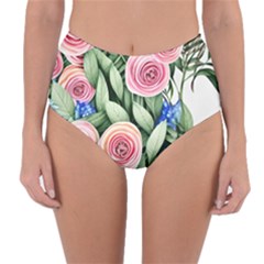 County Charm – Watercolor Flowers Botanical Reversible High-waist Bikini Bottoms by GardenOfOphir