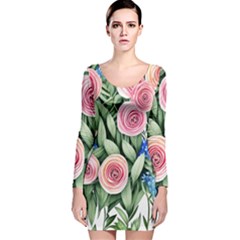 County Charm – Watercolor Flowers Botanical Long Sleeve Velvet Bodycon Dress by GardenOfOphir