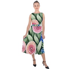 County Charm – Watercolor Flowers Botanical Midi Tie-back Chiffon Dress by GardenOfOphir