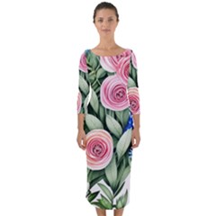 County Charm – Watercolor Flowers Botanical Quarter Sleeve Midi Bodycon Dress by GardenOfOphir