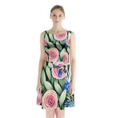 County Charm – Watercolor Flowers Botanical Sleeveless Waist Tie Chiffon Dress by GardenOfOphir