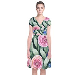 County Charm – Watercolor Flowers Botanical Short Sleeve Front Wrap Dress by GardenOfOphir