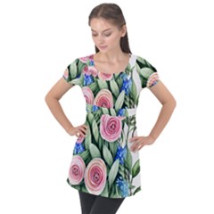 County Charm – Watercolor Flowers Botanical Puff Sleeve Tunic Top by GardenOfOphir