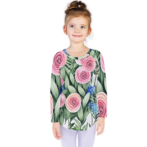 County Charm – Watercolor Flowers Botanical Kids  Long Sleeve Tee by GardenOfOphir