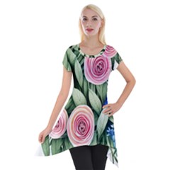 County Charm – Watercolor Flowers Botanical Short Sleeve Side Drop Tunic by GardenOfOphir