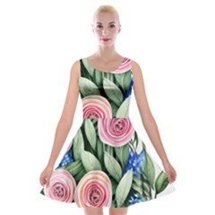 County Charm – Watercolor Flowers Botanical Velvet Skater Dress by GardenOfOphir