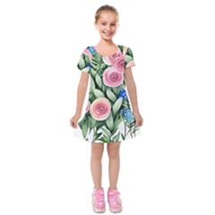 County Charm – Watercolor Flowers Botanical Kids  Short Sleeve Velvet Dress by GardenOfOphir