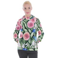 County Charm – Watercolor Flowers Botanical Women s Hooded Pullover by GardenOfOphir