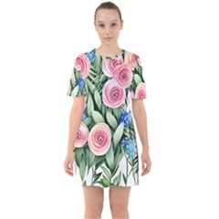 County Charm – Watercolor Flowers Botanical Sixties Short Sleeve Mini Dress by GardenOfOphir