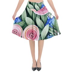 County Charm – Watercolor Flowers Botanical Flared Midi Skirt by GardenOfOphir