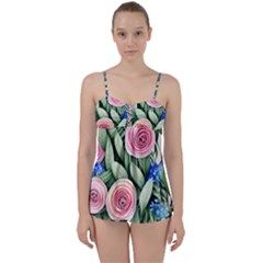 County Charm – Watercolor Flowers Botanical Babydoll Tankini Set by GardenOfOphir