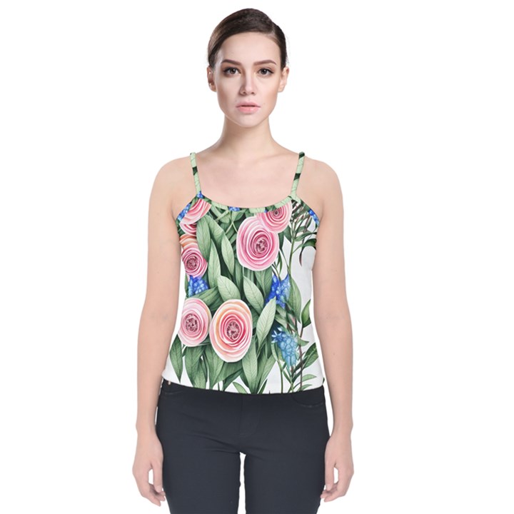 County Charm – Watercolor Flowers Botanical Velvet Spaghetti Strap Top