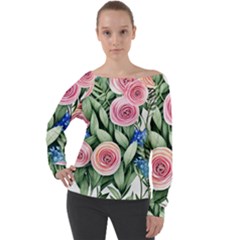 County Charm – Watercolor Flowers Botanical Off Shoulder Long Sleeve Velour Top by GardenOfOphir