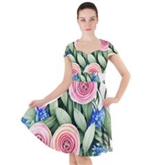 County Charm – Watercolor Flowers Botanical Cap Sleeve Midi Dress by GardenOfOphir