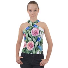 County Charm – Watercolor Flowers Botanical Cross Neck Velour Top by GardenOfOphir