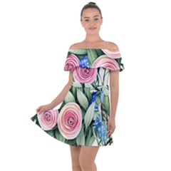 County Charm – Watercolor Flowers Botanical Off Shoulder Velour Dress by GardenOfOphir