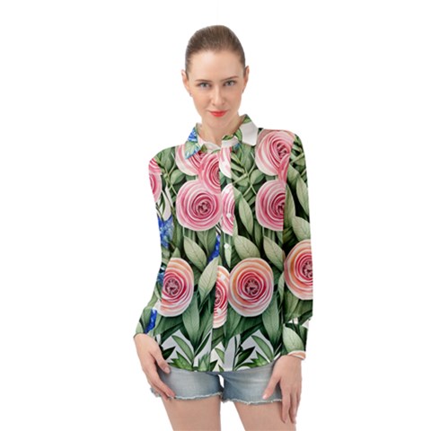 County Charm – Watercolor Flowers Botanical Long Sleeve Chiffon Shirt by GardenOfOphir