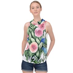 County Charm – Watercolor Flowers Botanical High Neck Satin Top by GardenOfOphir