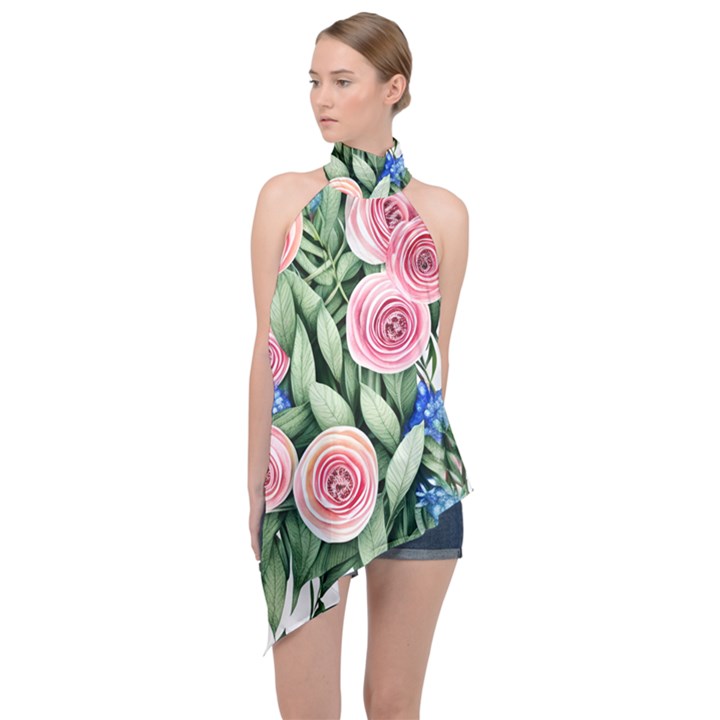 County Charm – Watercolor Flowers Botanical Halter Asymmetric Satin Top