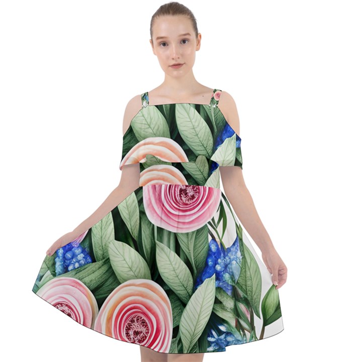 County Charm – Watercolor Flowers Botanical Cut Out Shoulders Chiffon Dress