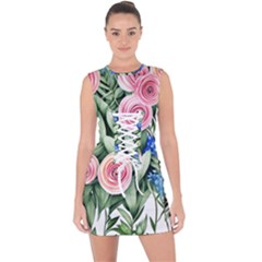 County Charm – Watercolor Flowers Botanical Lace Up Front Bodycon Dress by GardenOfOphir