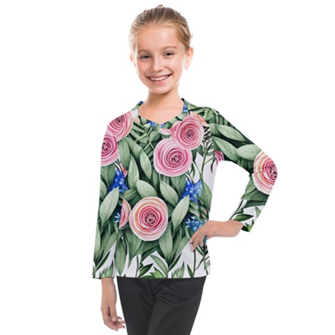 County Charm – Watercolor Flowers Botanical Kids  Long Mesh Tee by GardenOfOphir