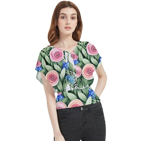 County Charm – Watercolor Flowers Botanical Butterfly Chiffon Blouse by GardenOfOphir