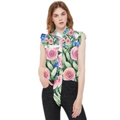 County Charm – Watercolor Flowers Botanical Frill Detail Shirt by GardenOfOphir