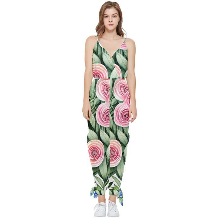 County Charm – Watercolor Flowers Botanical Sleeveless Tie Ankle Chiffon Jumpsuit